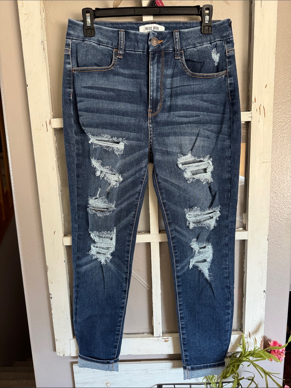 Wax brand women’s Dark Blue high-rise distressed Boyfriend Jeans- New!